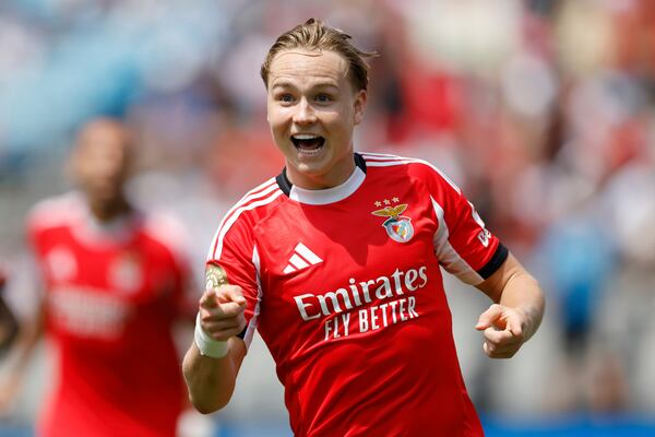 Benfica's Andreas Schjelderup celebrates after scoring during the Club World Cup Group C soccer match between Benfica and Bayern Munich in Charlotte, N.C., Tuesday, June 24, 2025. (AP Photo/Nell Redmond)