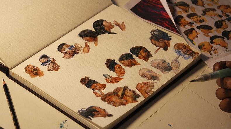 Artist Fabian Williams is at work on his own version of the classic Norman Rockwell painting, "The Gossips."