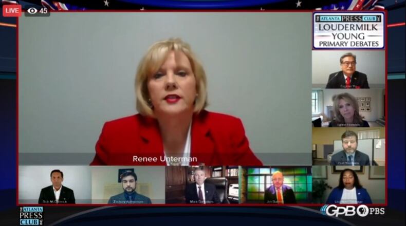 Screenshot of Republican candidates for Georgia's 7th Congressional District participating in a debate hosted by The Atlanta Press Club on May 3, 2020.