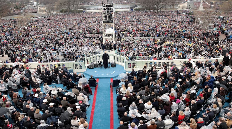 WASHINGTON, DC - JANUARY 20:  President Donald Trump delivers his inaugural address on the West Front of the U.S. Capitol on January 20, 2017 in Washington, DC. In today's inauguration ceremony Donald J. Trump becomes the 45th president of the United States.  (Photo by Scott Olson/Getty Images)