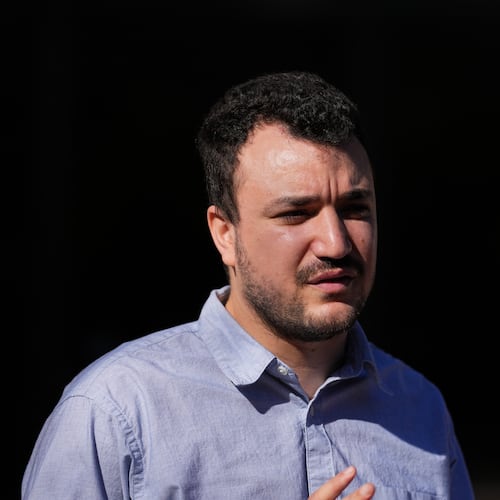 FILE - Palestinian activist Mahmoud Khalil holds a news conference outside Federal Court on Oct. 21, 2025 in Philadelphia (AP Photo/Matt Rourke, File)
