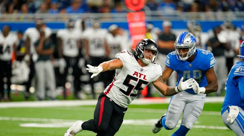Falcons linebacker Nathan Landman (55) plays during the second half against the Detroit Lions, Friday, Aug. 12, 2022, in Detroit. (AP Photo/Paul Sancya)