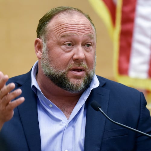 FILE - Conspiracy theorist Alex Jones takes the witness stand to testify at the Sandy Hook defamation damages trial at Connecticut Superior Court in Waterbury, Conn., Sept. 22, 2022. (Tyler Sizemore/Hearst Connecticut Media via AP, Pool, File)