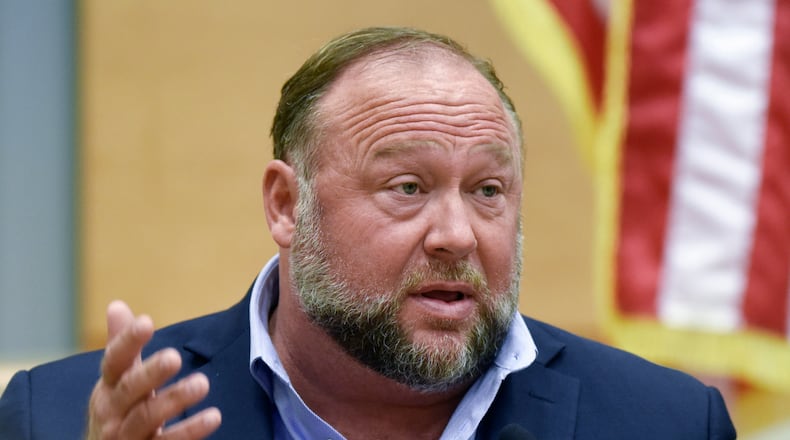 FILE - Conspiracy theorist Alex Jones takes the witness stand to testify at the Sandy Hook defamation damages trial at Connecticut Superior Court in Waterbury, Conn., Sept. 22, 2022. (Tyler Sizemore/Hearst Connecticut Media via AP, Pool, File)