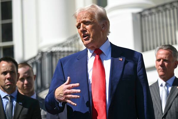 President Donald Trump speaks during an event with auto racing champions at the South Portico of the White House Wednesday, April 9, 2025, in Washington, (Pool via AP)