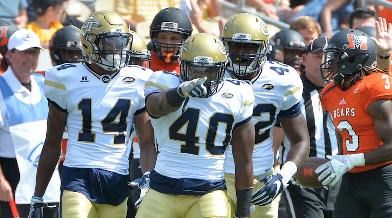 Georgia Tech Yellow Jackets linebacker P.J. Davis (40) celebrates in the first half at Bobby Dodd Stadium on Saturday, September 10, 2016. HYOSUB SHIN / HSHIN@AJC.COM