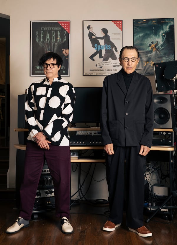 Russell Mael, left, and Ron Mael of Sparks pose for a portrait on Tuesday, April 8, 2025, in Los Angeles. (Photo by Rebecca Cabage/Invision/AP)