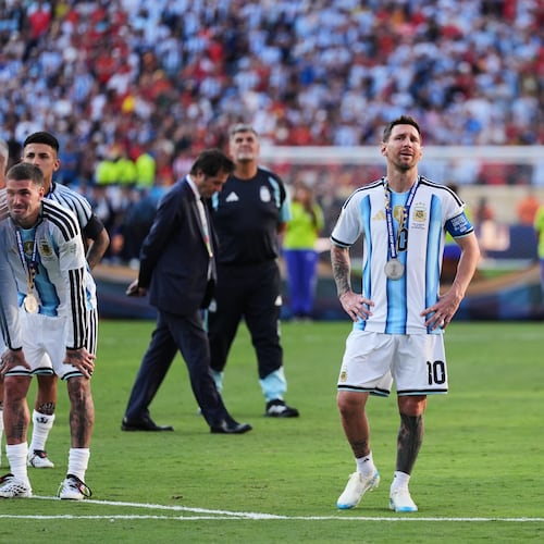 Argentina's Lionel Messi (10) cries at the end of the World Cup final soccer match between Spain and Argentina in East Rutherford, N.J., near New York, Sunday, July 19, 2026. (AP Photo/Stephanie Scarbrough)