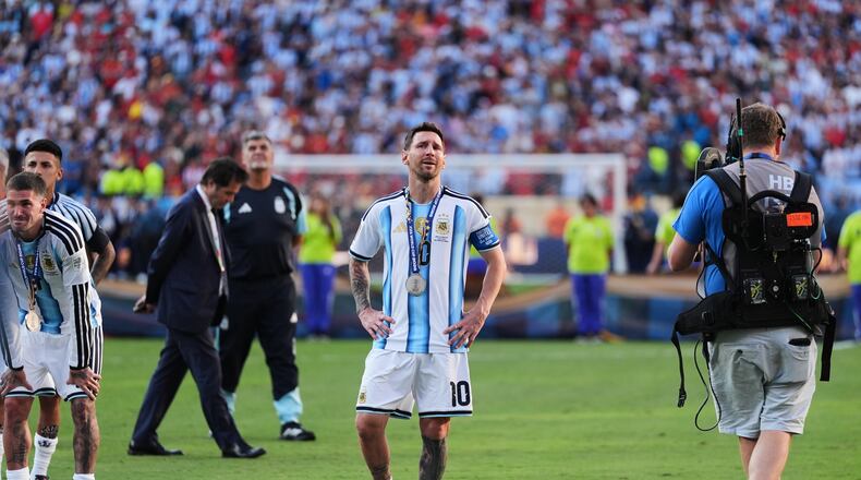 Argentina's Lionel Messi (10) cries at the end of the World Cup final soccer match between Spain and Argentina in East Rutherford, N.J., near New York, Sunday, July 19, 2026. (AP Photo/Stephanie Scarbrough)