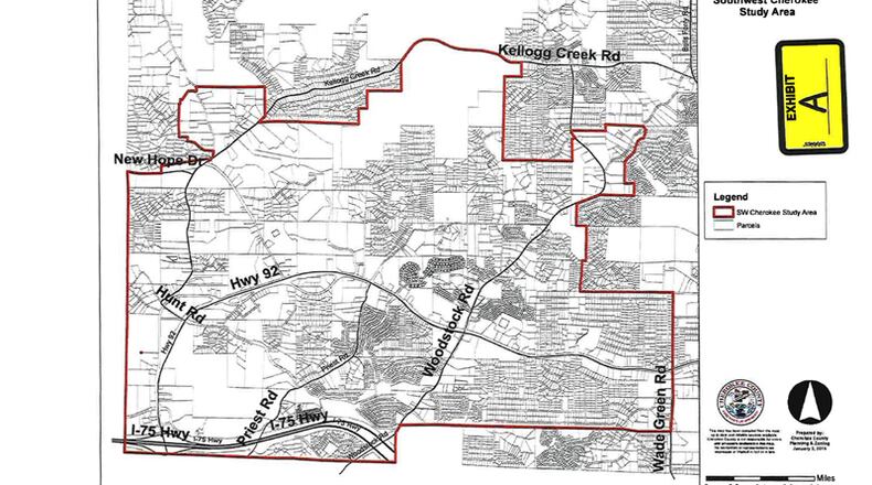 Map depicts the southwest part of Cherokee County subject to an extended moratorium on rezoning and special-use permits. CHEROKEE COUNTY