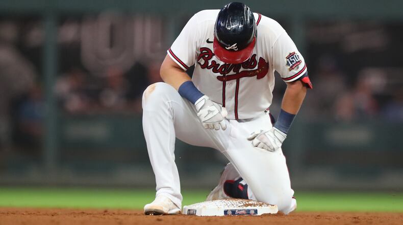 Braves third baseman Austin Riley reacts to getting thrown out at second base trying to stretch a single during the eighth inning Tuesday, Aug. 24, 2021, against the New York Yankees in Atlanta. The Yankees beat the Braves 5-4 to sweep the two game series at Truist Park. (Curtis Compton / Curtis.Compton@ajc.com)