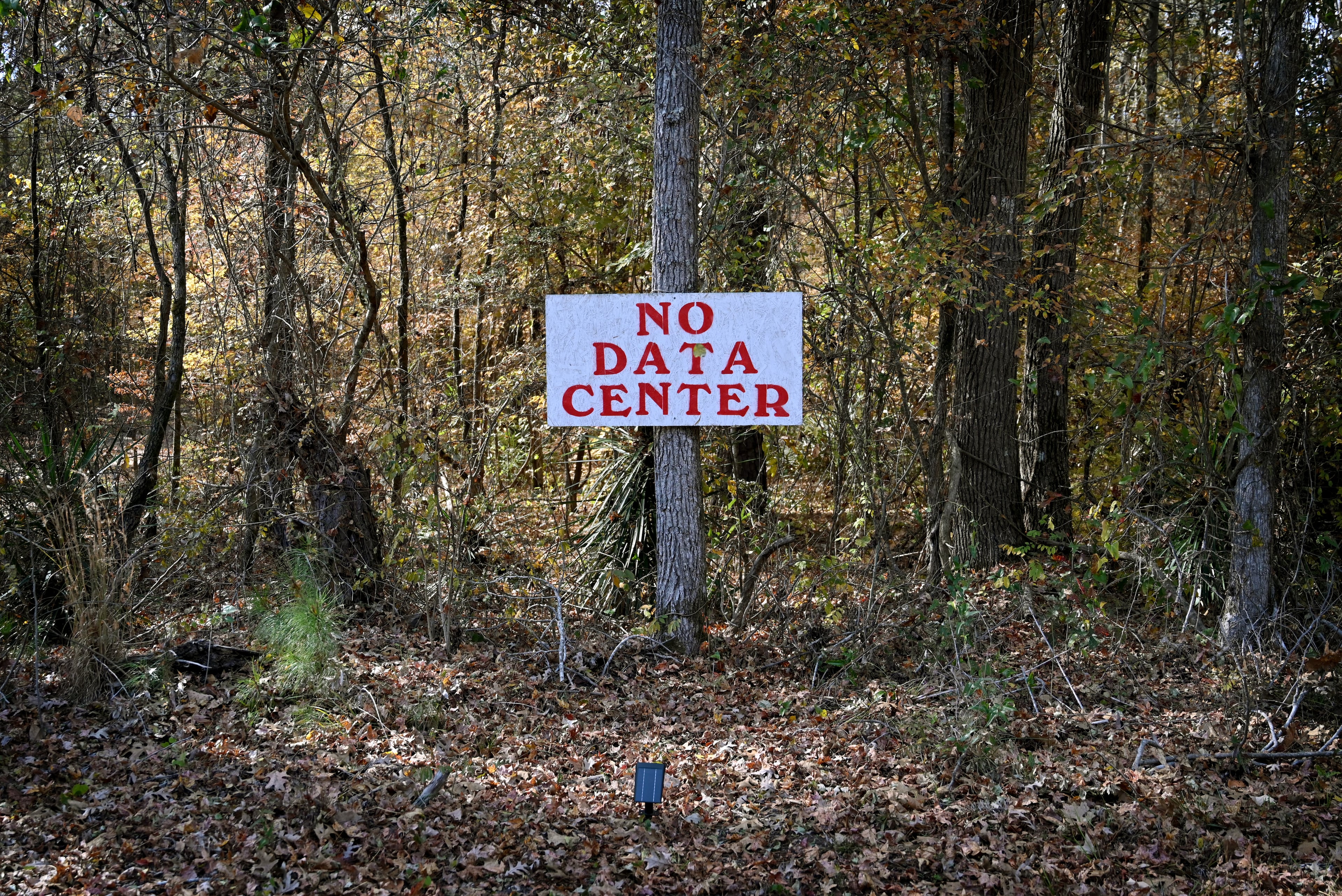 A “No Data Center” sign is displayed near a proposed data center site, Wednesday, Nov. 19, 2025, in Dry Branch. (Hyosub Shin/AJC)