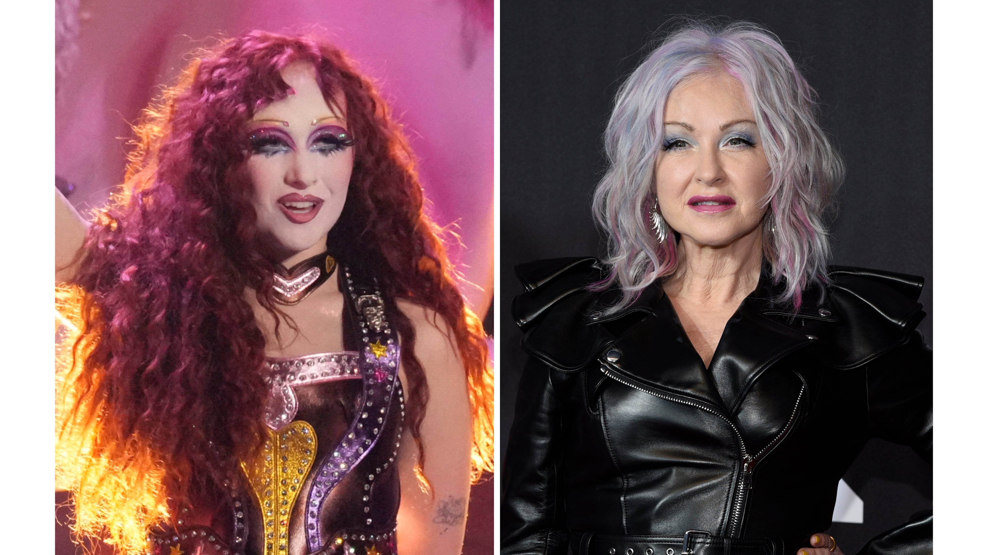 Chappell Roan appears during the 67th annual Grammy Awards in Los Angeles on Feb. 2, 2025, left, and Cyndi Lauper appears at the MTV Video Music Awards in New York on Sept. 12, 2021. (AP Photo)