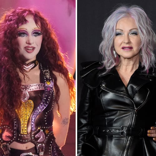 Chappell Roan appears during the 67th annual Grammy Awards in Los Angeles on Feb. 2, 2025, left, and Cyndi Lauper appears at the MTV Video Music Awards in New York on Sept. 12, 2021. (AP Photo)