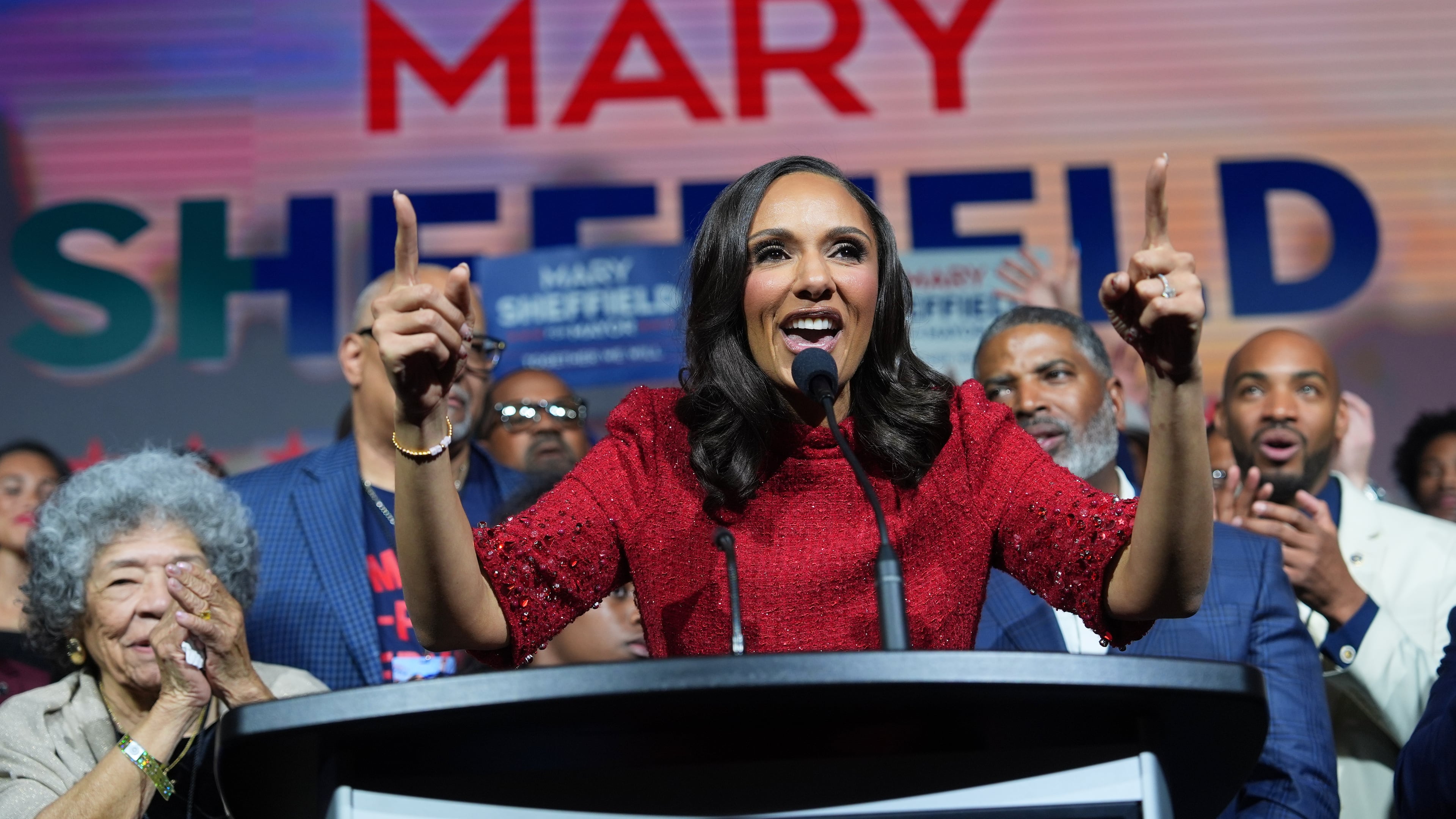 City Council President Mary Sheffield speaks during an election night watch party after winning the mayoral race on Tuesday, Nov. 4, 2025, in Detroit. (AP Photo/Paul Sancya)