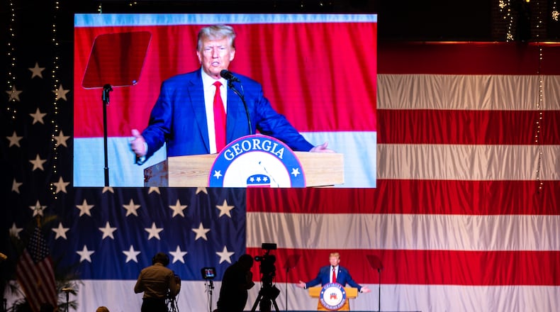 Former President Donald Trump speaks at the Georgia GOP convention in Columbus on Saturday, June 10, 2023. (Arvin Temkar / arvin.temkar@ajc.com)