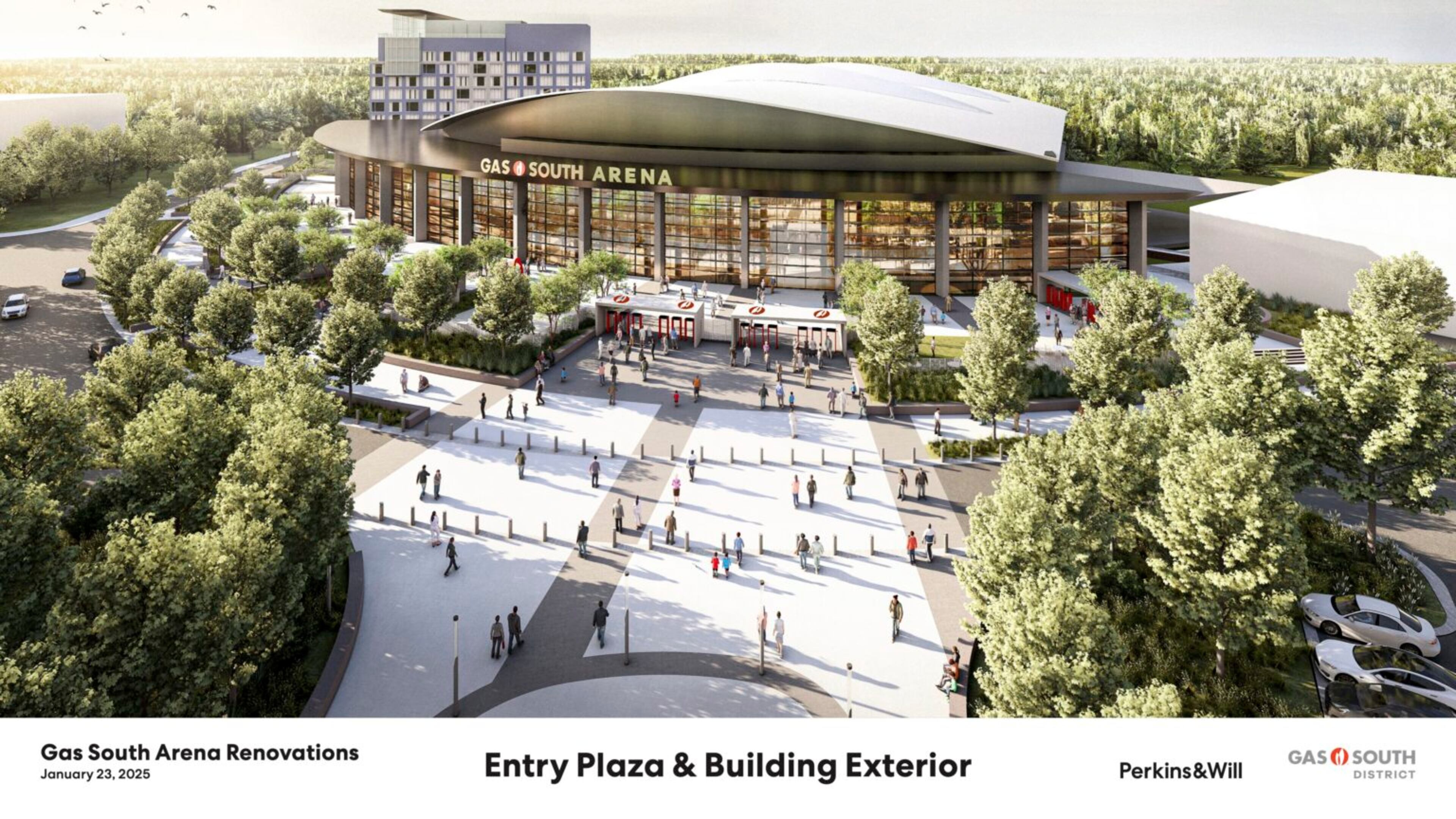 A large renovation campaign for Gas South Arena in Gwinnett County was announced in 2025, which is showcased in this rendering. (Courtesy of Gas South District)