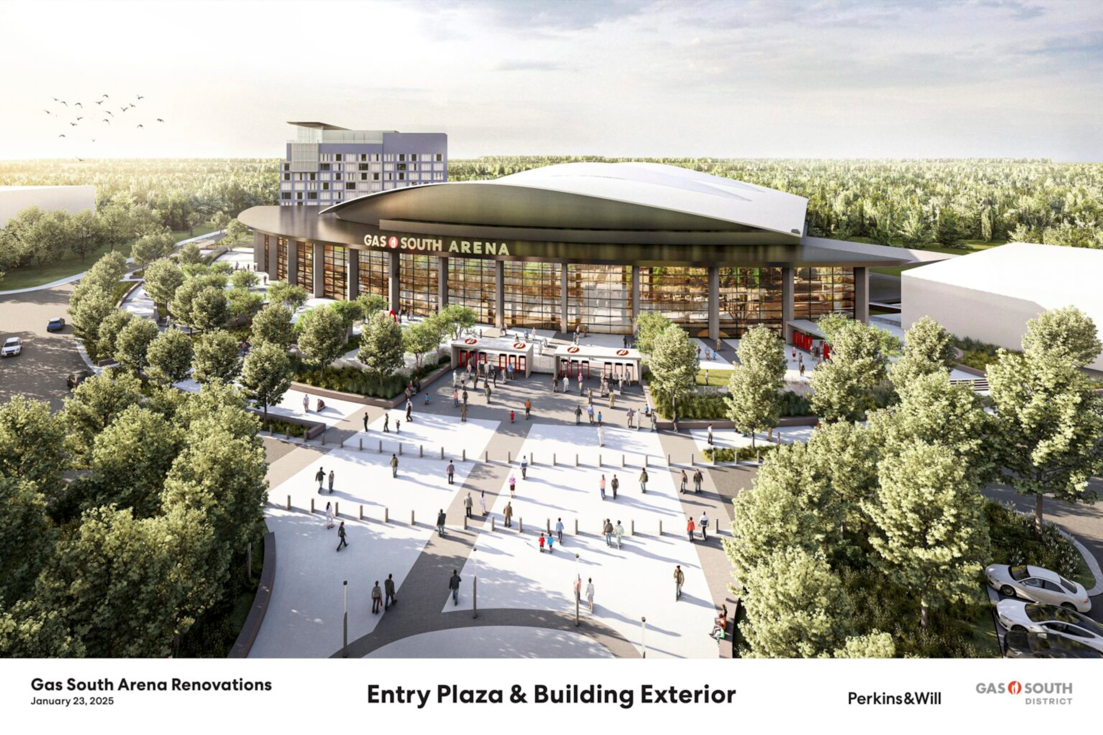 A large renovation campaign for Gas South Arena in Gwinnett County was announced in 2025, which is showcased in this rendering. (Courtesy of Gas South District)