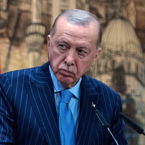 FILE - Turkey's President Recep Tayyip Erdogan listens as Somalia's President Hassan Sheikh Mohamud speaks during a joint news conference in Istanbul, Turkey, on Dec. 30, 2025. (AP Photo/Khalil Hamra, File)