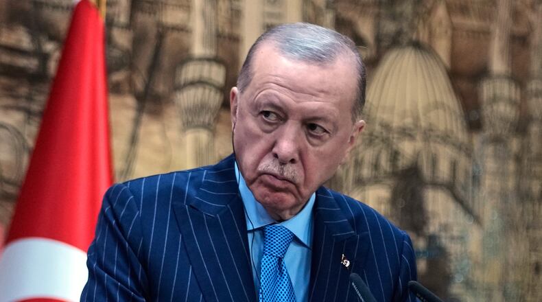 FILE - Turkey's President Recep Tayyip Erdogan listens as Somalia's President Hassan Sheikh Mohamud speaks during a joint news conference in Istanbul, Turkey, on Dec. 30, 2025. (AP Photo/Khalil Hamra, File)