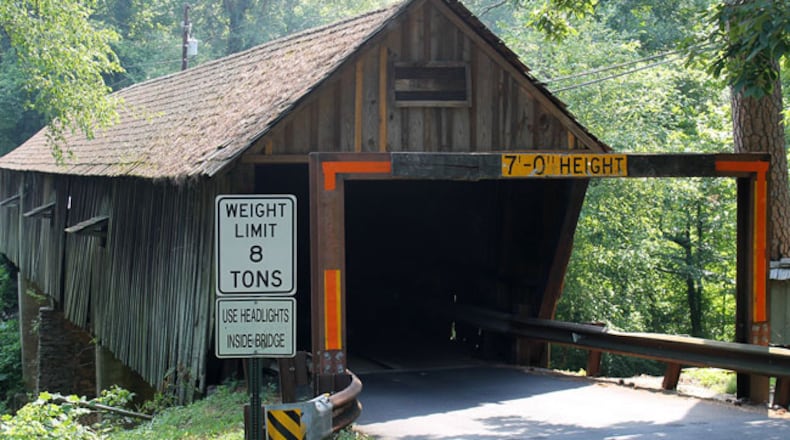 To correct its leaning, the Concord Road Covered Bridge near Smyrna will be closed from 10 a.m. to noon Thursday and then June through the summer for stabilization. Courtesy of Cobb County