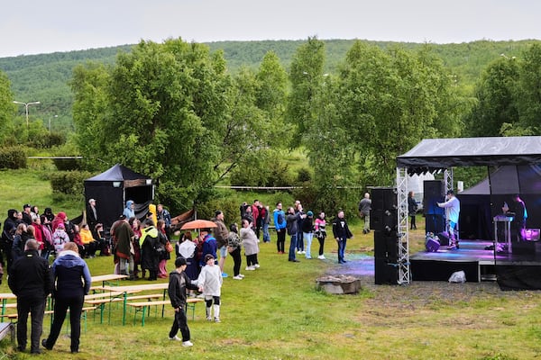 Artist Talonpoika Lalli performs at the Loktafeasta rap festival in Utsjoki village, north of the Arctic circle, Finland, Sunday, July 6, 2025. (AP Photo/Heli Sivunen)