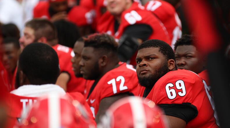 Georgia offensive lineman Jamaree Salyer (69) watches the scoreboard during a game between Georgia and Middle Tennessee at Stanford Stadium in Athens on Saturday, Sep., 15, 2018. (Photo by Lauren Tolbert/UGA).