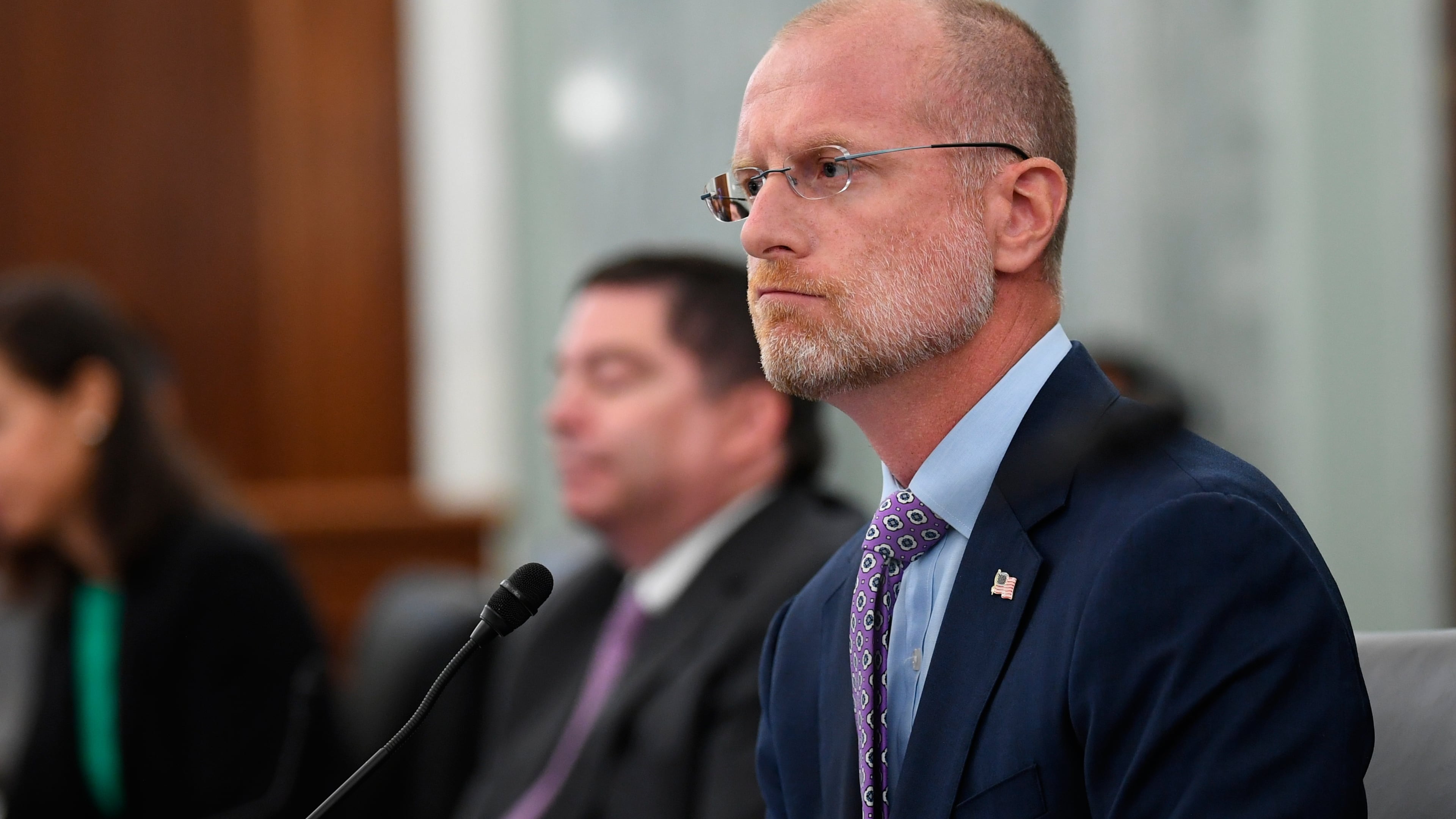 FILE - Brendan Carr listens during a Senate Commerce, Science, and Transportation committee hearing to examine the Federal Communications Commission on Capitol Hill in Washington, June 24, 2020. (Jonathan Newton/The Washington Post via AP, File)