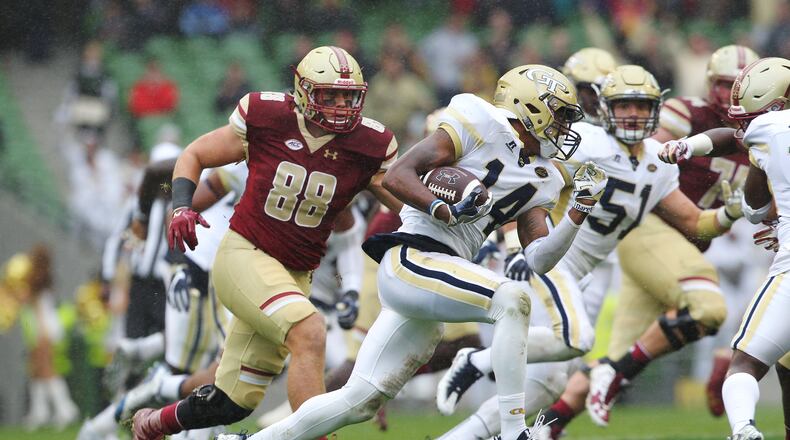 DUBLIN, IRELAND - SEPTEMBER 03: Corey Griffin of Georgia Tech and Michael Giacone of Boston College during the Aer Lingus College Football Classic Ireland 2016 at Aviva Stadium on September 3, 2016 in Dublin, Ireland. (Photo by Patrick Bolger/Getty Images)