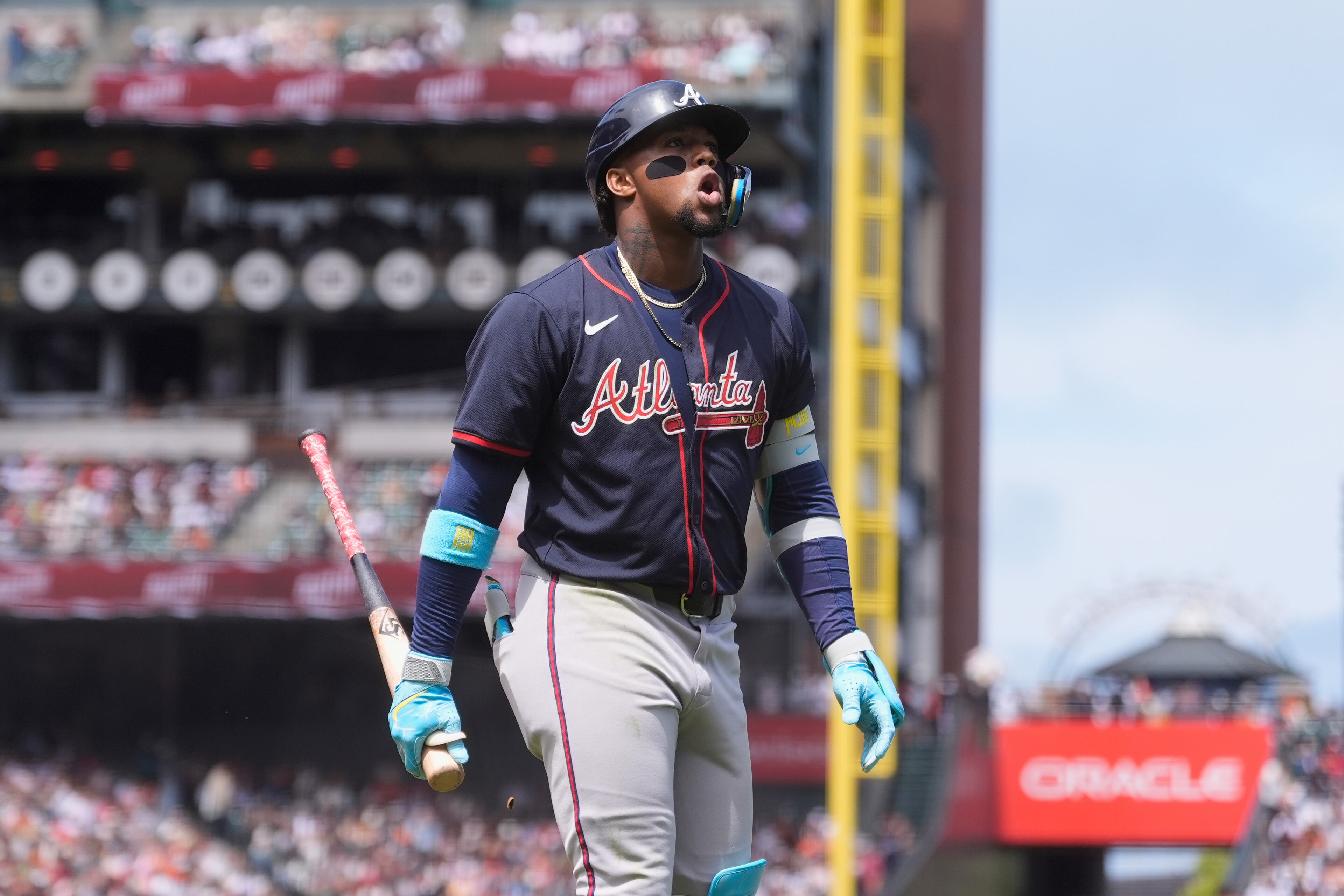 Atlanta Braves' Ronald Acuña Jr. reacts after striking out against the San Francisco Giants during the seventh inning of a baseball game in San Francisco, Sunday, June 8, 2025. (AP Photo/Jeff Chiu)