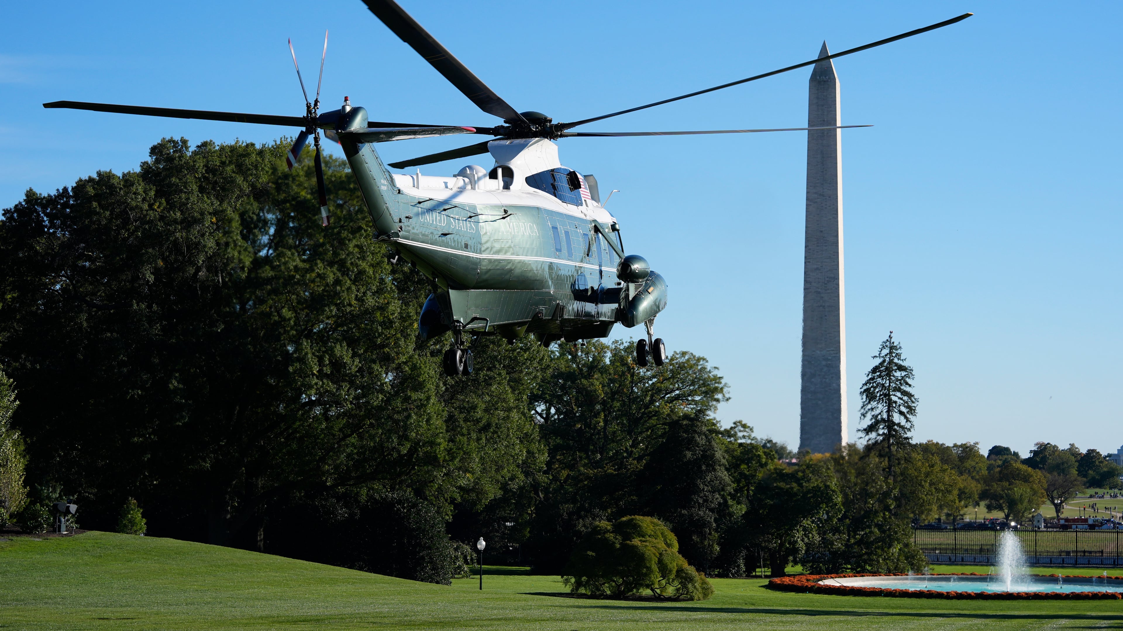 Marine One with President Donald Trump on board departs from the South Lawn of the White House, Friday, Oct. 17, 2025, in Washington. (AP Photo/Alex Brandon)