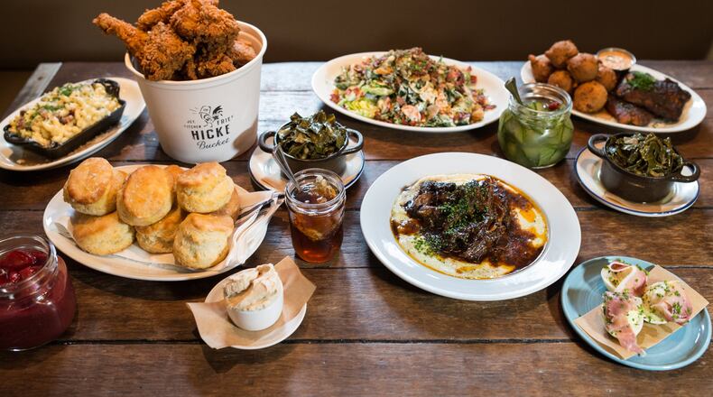JCT Sunday Supper spread with biscuits, deviled eggs, Farm Stand salad, fried chicken, hushpuppies and fish, oxtail and white cheddar grits, macaroni and cheese, and collard greens. You choose an entree and your table agrees on a few sides to be shared. CONTRIBUTED BY MIA YAKEL