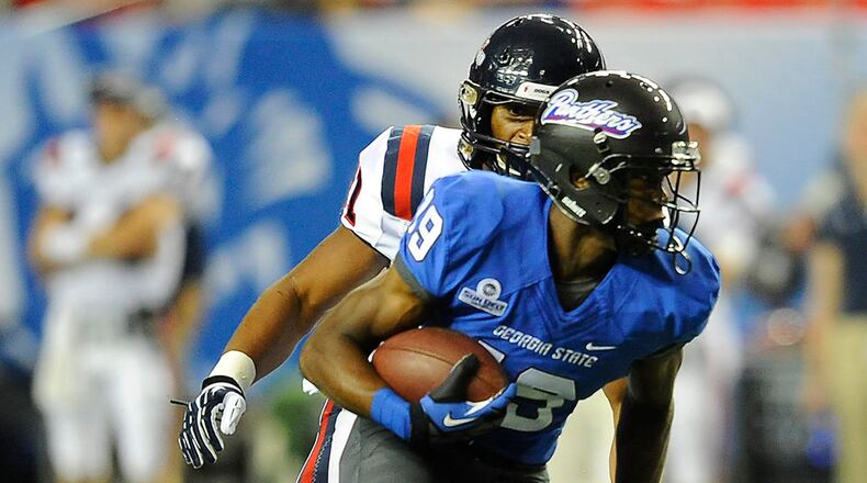Robert Davis of Georgia State turns to run after making a catch against Samford, in the Panthers’ season opener Aug. 30, 2013. (Photo credit: Paul Abell/Abell Images)