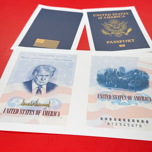 FILE - A sample of a limited release of a commemorative U.S. passport that celebrates America's 250th birthday and features a picture of President Donald Trump, is photographed, April 28, 2026. (AP Photo/Jon Elswick, File)