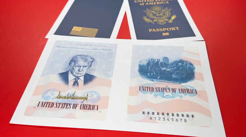 FILE - A sample of a limited release of a commemorative U.S. passport that celebrates America's 250th birthday and features a picture of President Donald Trump, is photographed, April 28, 2026. (AP Photo/Jon Elswick, File)