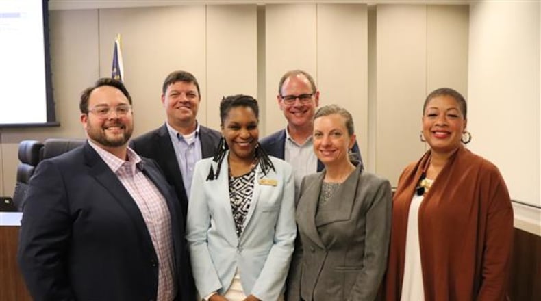Decatur's school board left to right, James Herndon, Superintendent David Dude, Tasha White, Board Chair Lewis Jones, Heather Tell and Jana Johnson-Davis. Courtesy City Schools of Decatur