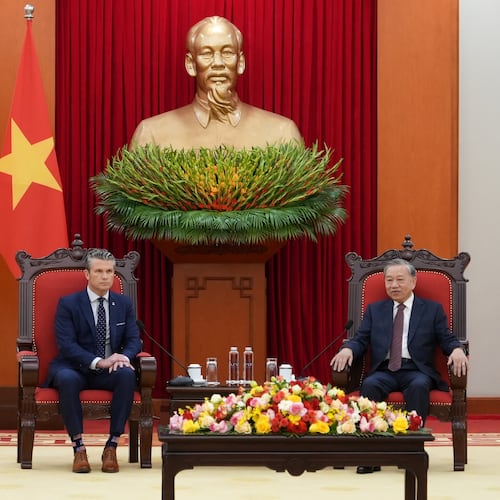 FILE - U.S. Defense Secretary Pete Hegseth, left, and General Secretary of Vietnam's Communist Party To Lam talk during a meeting in Hanoi, Vietnam, Nov. 2, 2025. (AP Photo/Hau Dinh, File)
