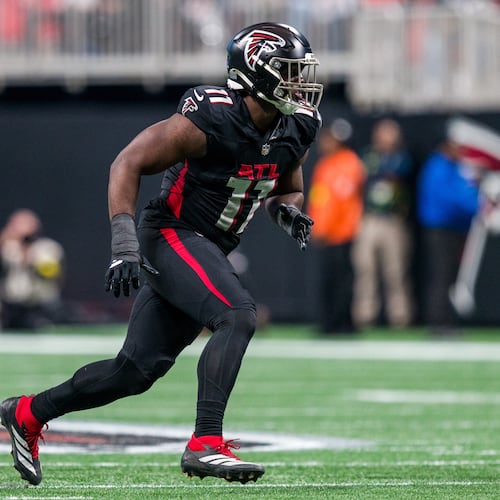 File- Atlanta Falcons linebacker Jalon Walker (11) works during the first half of an NFL football game against the New Orleans Saints, Sunday, Jan. 4, 2026, in Atlanta. (AP Photo/Danny Karnik,File)