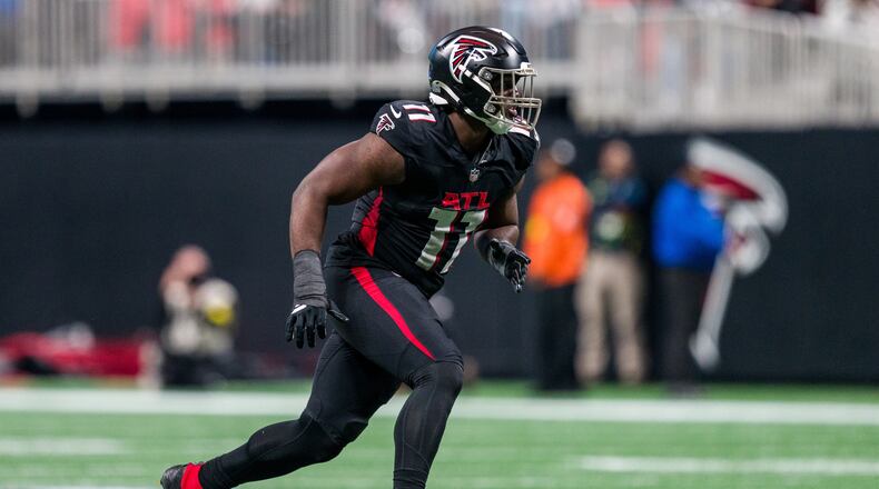 File- Atlanta Falcons linebacker Jalon Walker (11) works during the first half of an NFL football game against the New Orleans Saints, Sunday, Jan. 4, 2026, in Atlanta. (AP Photo/Danny Karnik,File)