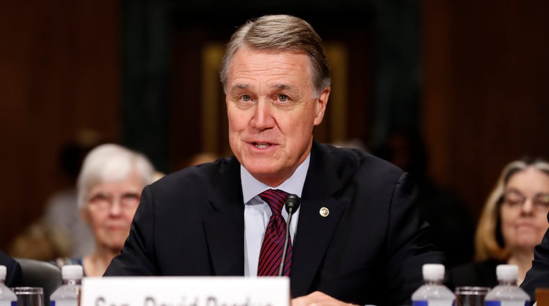 Sen. David Perdue, R-Ga., speaks during a Senate Judiciary Committee hearing for Colorado Supreme Court Justice Allison Eid, on her nomination to the U.S. Court of Appeals for the 10th Circuit, on Capitol Hill, Wednesday, Sept. 20, 2017 in Washington. (AP Photo/Alex Brandon)
