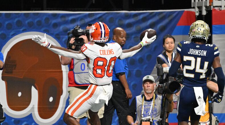 Clemson wide receiver Beaux Collins (80) after scoring a touchdown during the first half of Chick-fil-A Kickoff Game at Mercedes-Benz Stadium in Atlanta on Monday, September 5, 2022. (Hyosub Shin / Hyosub.Shin@ajc.com)