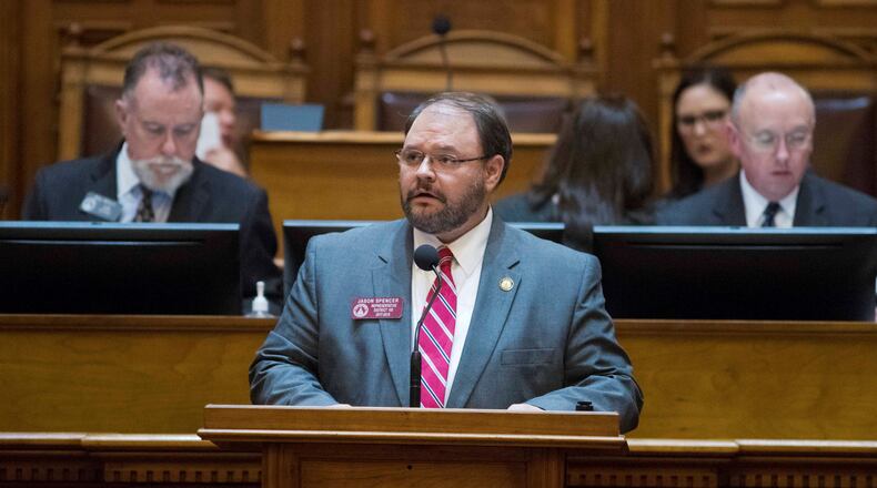 Caption: 02/28/2018 -- Atlanta, GA - Rep. Jason Spencer, R - Woodbine, sponsors HB 605, the Hidden Predator Act, at the House Chambers during Crossover day at the Georgia State Capitol in Atlanta, Wednesday, February 28, 2018. ALYSSA POINTER/ALYSSA.POINTER@AJC.COM