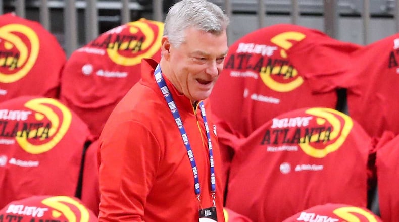 Hawks owner Tony Ressler is all smiles taking in the scene at State Farm Arena while his team prepares to play the Philadelphia 76ers in Game 3 of their NBA Eastern Conference semifinals series on Friday, Jun 11, 2021, in Atlanta. “Curtis Compton / Curtis.Compton@ajc.com”