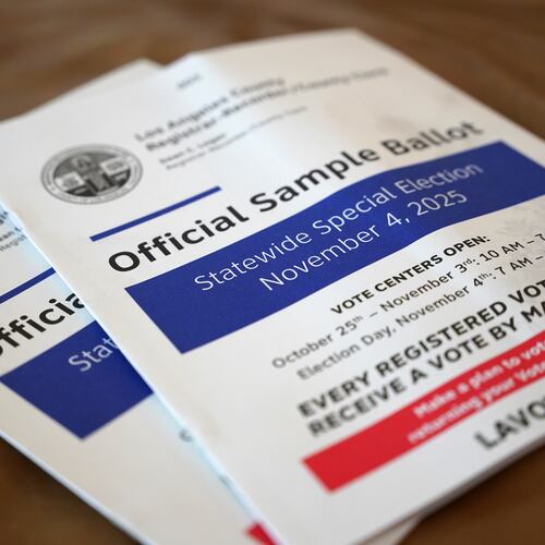 A sample ballot is pictured before early voting starts in California's statewide special election, Friday, Oct. 3, 2025, in Los Angeles. (AP Photo/Paula Ulichney-Munoz)