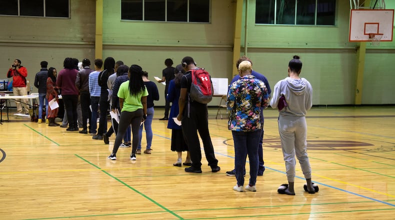 People were still voting at 9:30 p.m. at Samuel H. Archer Hall at Morehouse College in Atlanta Tuseday November 6, 2018. Georgia NAACP won a lawsuit, and voting times were extended by three hours in two precincts near Spelman and Morehouse. STEVE SCHAEFER / SPECIAL TO THE AJC