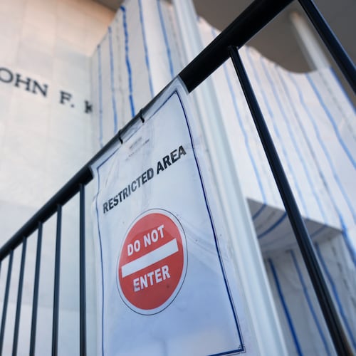 A sign is placed on a gate outside the John F. Kennedy Center for the Performing Arts in Washington, Tuesday, Sept. 15, 2026. (AP Photo/Jacquelyn Martin)