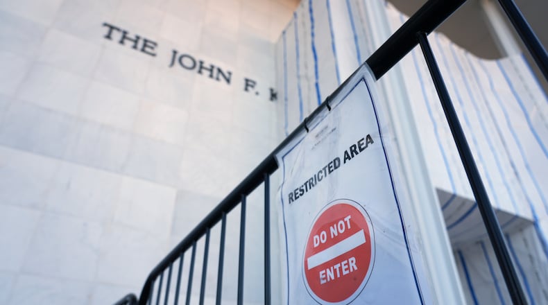 A sign is placed on a gate outside the John F. Kennedy Center for the Performing Arts in Washington, Tuesday, Sept. 15, 2026. (AP Photo/Jacquelyn Martin)
