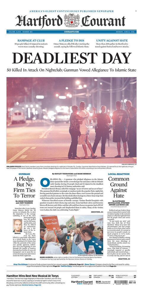 Newspaper front pages reflect Orlando tragedy