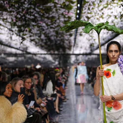 A model wears a creation as part of the Christian Dior Spring/Summer 2026 Haute Couture collection presented in Paris, Monday, Jan. 26, 2026. (AP Photo/Aurelien Morissard)