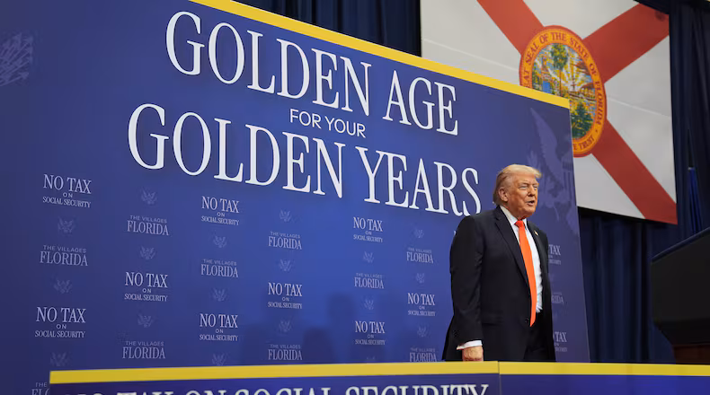 President Donald Trump arrives to speak at a charter school in The Villages, Fla., Friday, May 1, 2026. (AP Photo/Matt Rourke)